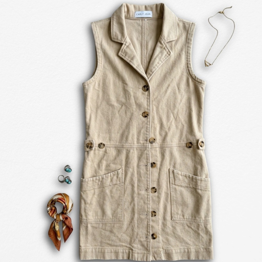 Carly Jean Los Angeles Tan Denim Button Front Vest Dress Sleeveless Frayed Hem S